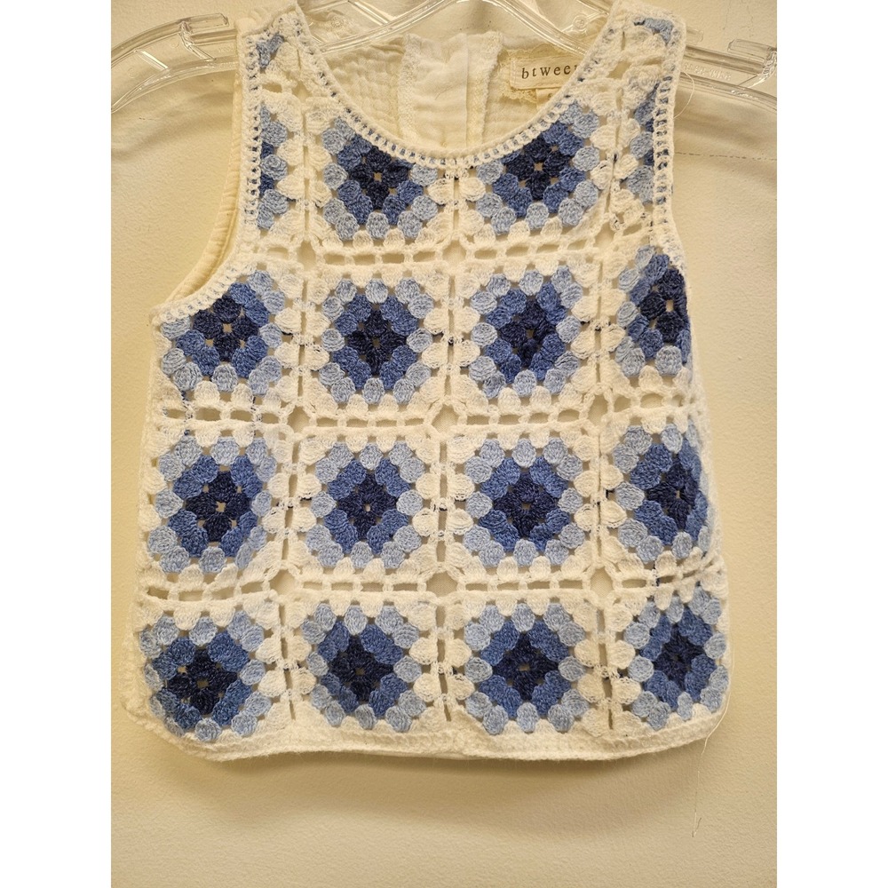 btween Girls Blue White Crochet Granny Square Sleeveless Gauze Top Size 6